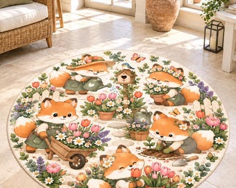 Round Fox Garden Rug, Pastel Nursery Floor Decor (Washable)