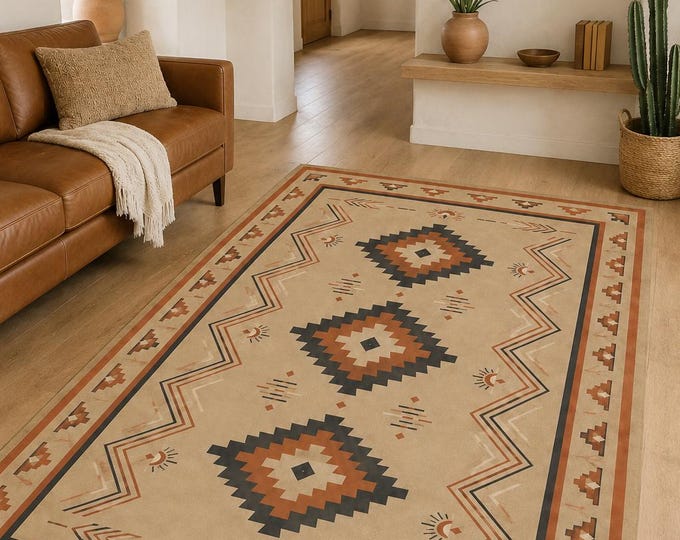 Southwestern Geometric Area Rug: Terracotta Boho Microfiber (3D Printed)