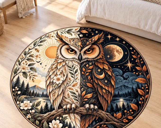 Mystic Owl Round Rug, Washable Microfiber Floor Decor, Moonlit Botanical Print