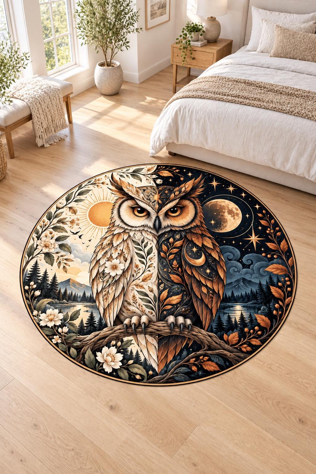 Mystic Owl Rug, Washable Round Area Carpet, Colorful Printed Floor Decor for Home and Bedroom