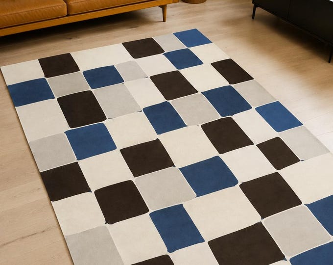 Modern Checkered Area Rug, Blue Black Cream Pattern, Retro Living Room and Bedroom Decor