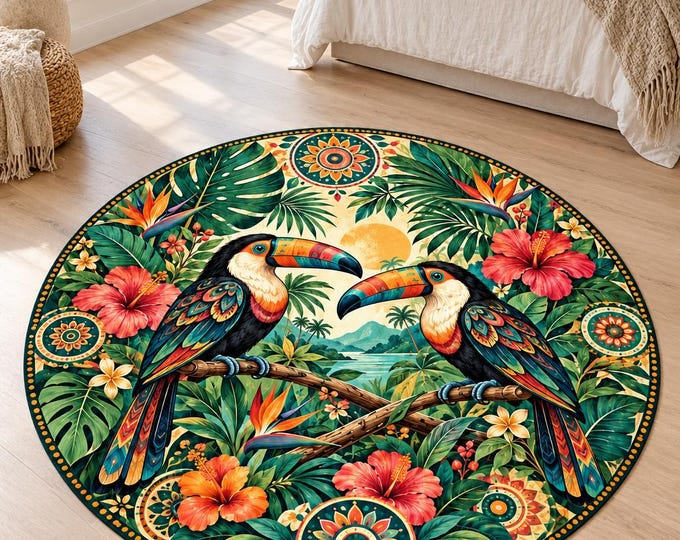 Tropical Bird Round Rug, Colorful Printed Floor Decor, Washable Microfiber Carpet