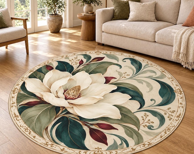 Cream Magnolia Botanical Leaves Round Rug, Digital Print, Living Room Decor, Decorative Floor Accent
