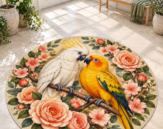 Parrot Floral Rug, Washable Round Area Carpet, Colorful Printed Floor Decor for Home and Bedroom
