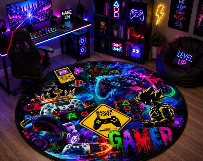 Neon Gaming Round Rug, Vibrant Gamer Room Decor, Modern Carpet