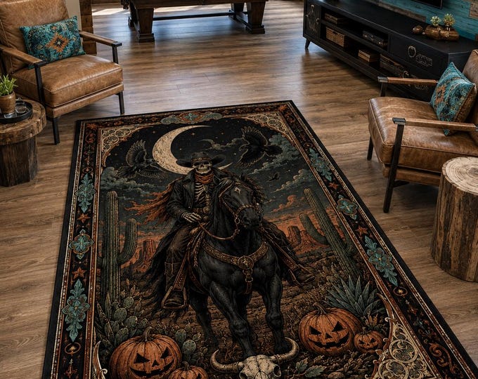 Western Skeleton Rug, Cowboy Horse Desert Carpet for Ranch Living Room Halloween Decor Gift
