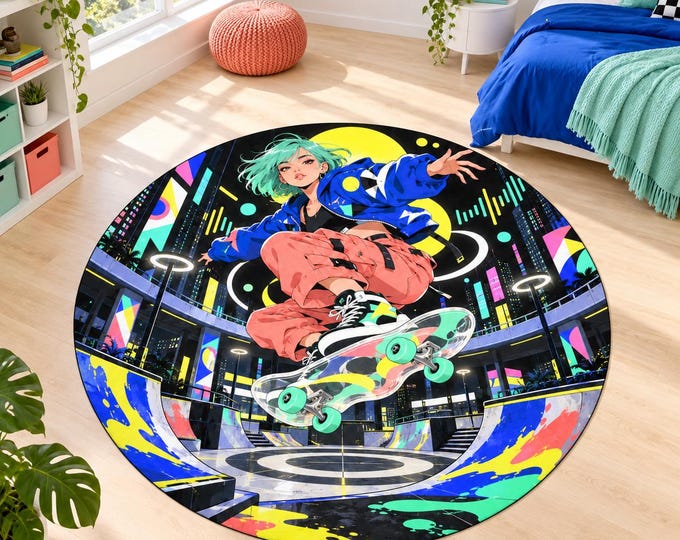 Neon Skater Rug, Washable Round Rug, Colorful Teen Bedroom and Modern Game Room Decor