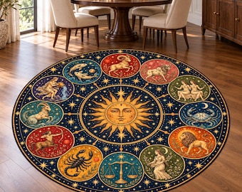 Celestial Sun Zodiac Wheel Round Rug, Digital Print, Living Room Decor, Decorative Floor Accent