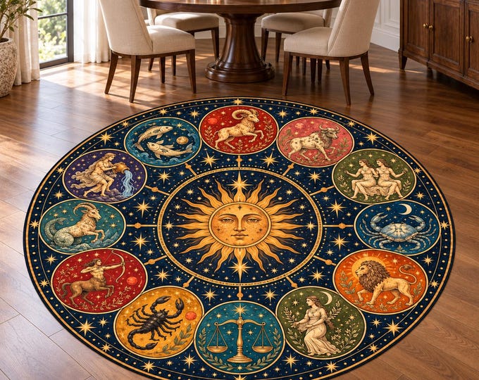 Celestial Sun Zodiac Wheel Round Rug, Digital Print, Living Room Decor, Decorative Floor Accent