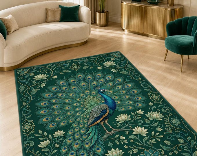 Emerald Peacock Lotus Floral Rug: 3D Digital Print, Non-Slip Microfiber Carpet