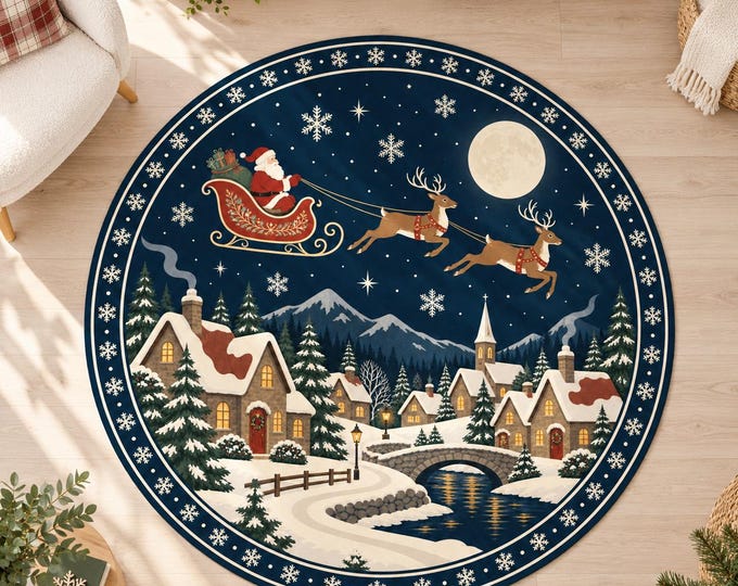 Winter Village Rug, Round Navy Digital Print with Santa Sleigh for Festive Living Rooms