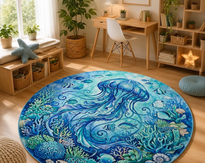Ocean Jellyfish Round Rug – Watercolor Coral Sea Life Microfiber Mat