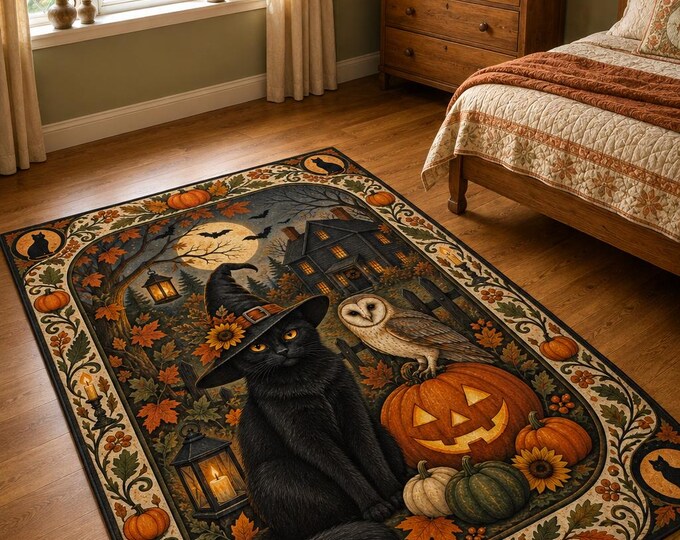 Black Cat Folk Rug, Vintage Owl Pumpkin Carpet for Cottage Living Room Autumn Decor