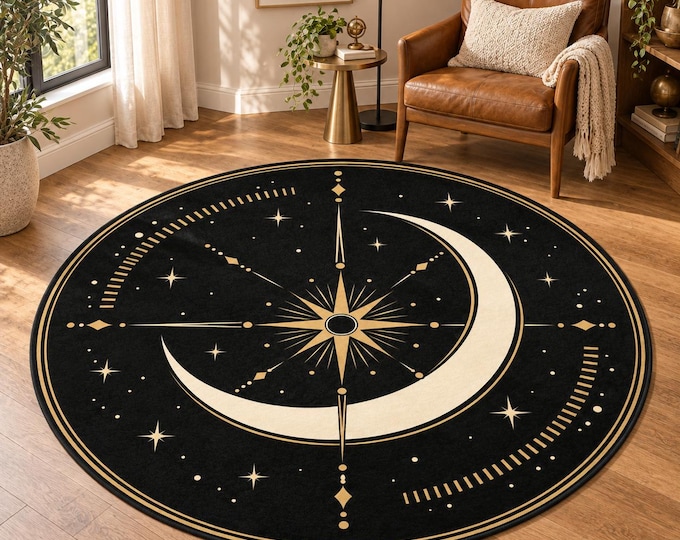 Celestial Round Rug, Black Gold Carpet, Moon Phase Decor, Astrology Home Style, Mystic Art Deco Floor Accent
