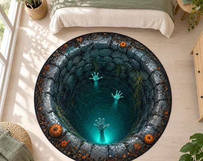 Ghost Hand Rug, Round Digitally Printed Carpet, Teal Stone Well with Autumn Pumpkins