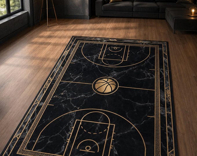Black Gold Basketball Rug, Marble Court Carpet, Modern Sports Bedroom Digital Print Home Decor