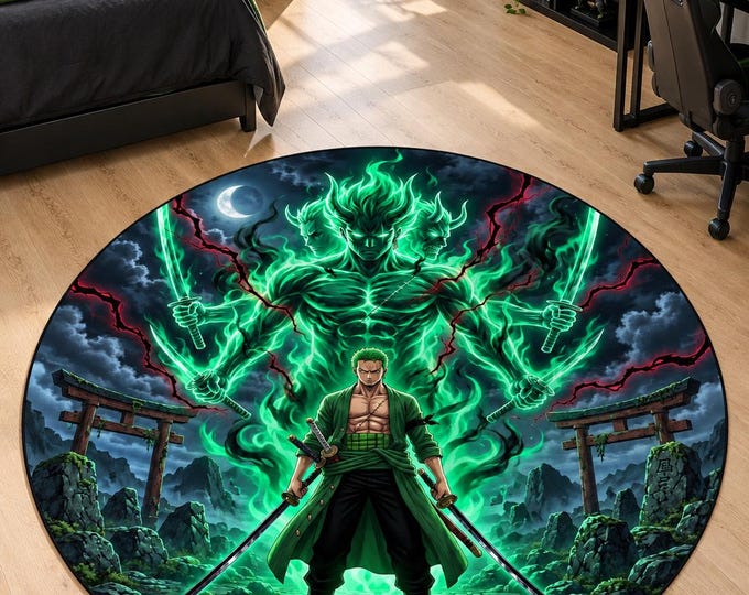 Samurai Spirit Rug, Emerald Spirit Warrior, Washable Gaming Room Carpet, Colorful Teen Bedroom Floor Decor