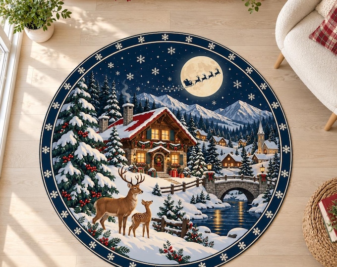 Winter Chalet Rug, Round Navy Digital Print with Deer Family for Festive Living Rooms