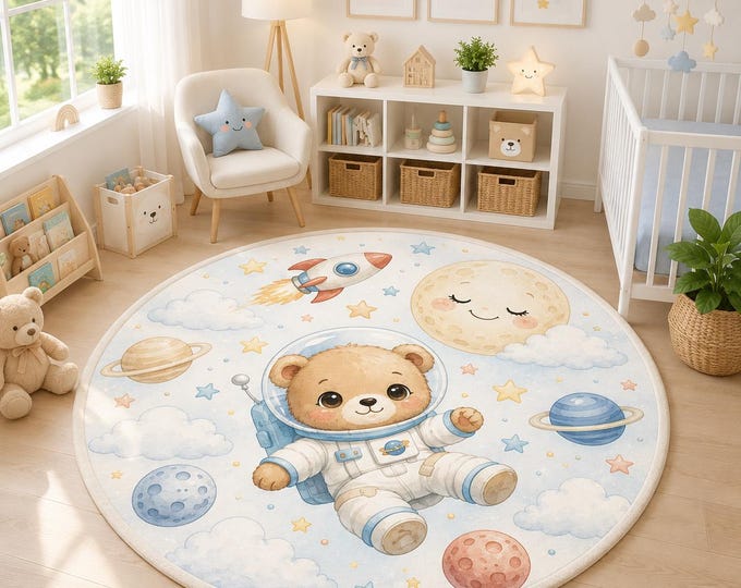Astronaut Bear Rug, Space Nursery Carpet, Moon Rocket Kids Room Decor, Washable Playroom Mat