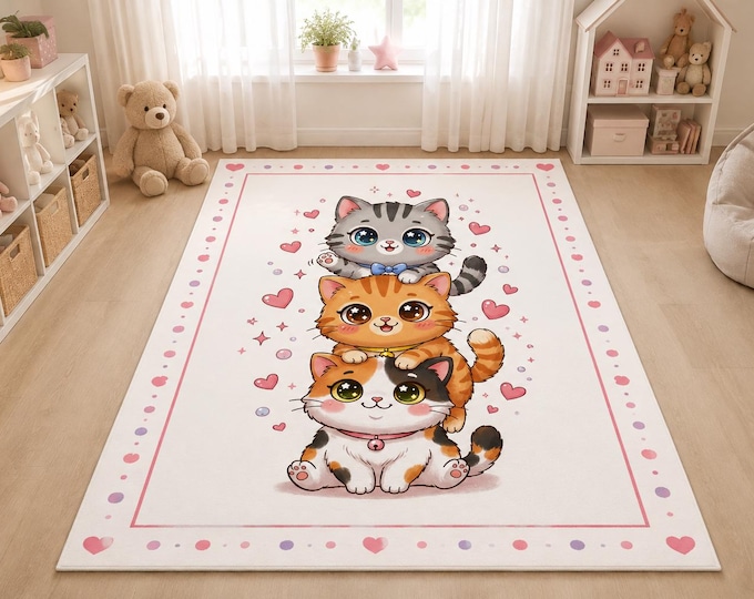 Stacked Cats Playroom Rug | Kawaii Kitten Microfiber Decor (Digital Print)