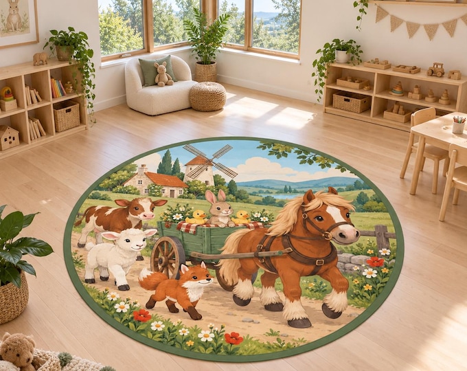 Pony Cart Rug, Round Farm Nursery Carpet, Washable Animal Room Decor