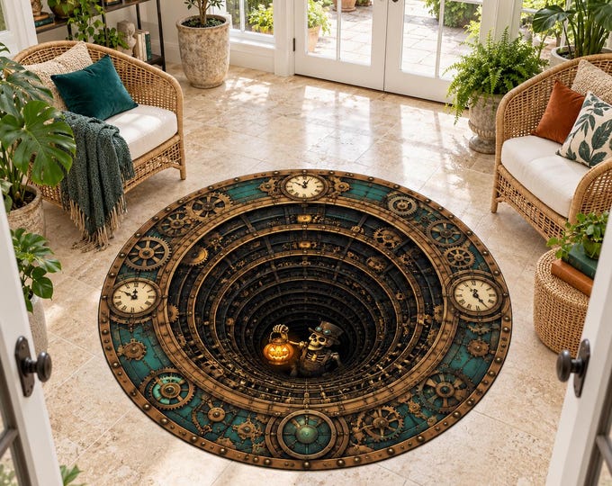 Steampunk Rug, Round Digitally Printed Carpet, Skeleton Clockwork Tunnel with Brass Gears