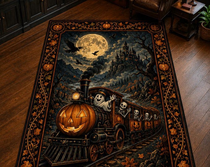 Halloween Train Rug, Pumpkin Locomotive, Gothic Railway Decor, Moonlit Living Room, Autumn Wall Art