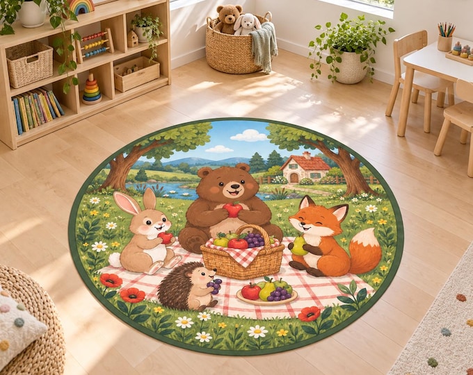 Woodland Picnic Rug, Round Animal Nursery Carpet, Washable Playroom Decor