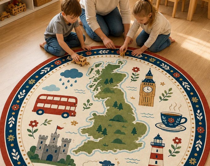 Round UK Map Rug, Educational Kids Carpet, British Travel Playroom Mat