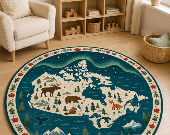 Round Canada Map Rug, Woodland Animals, Kids Room, Educational Play Mat, Digital Print Decor