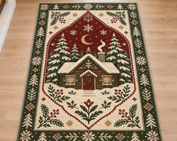 Snowy Cabin Christmas Rug with Crescent Moon Scene, Digitally Printed Festive Living Room Decor