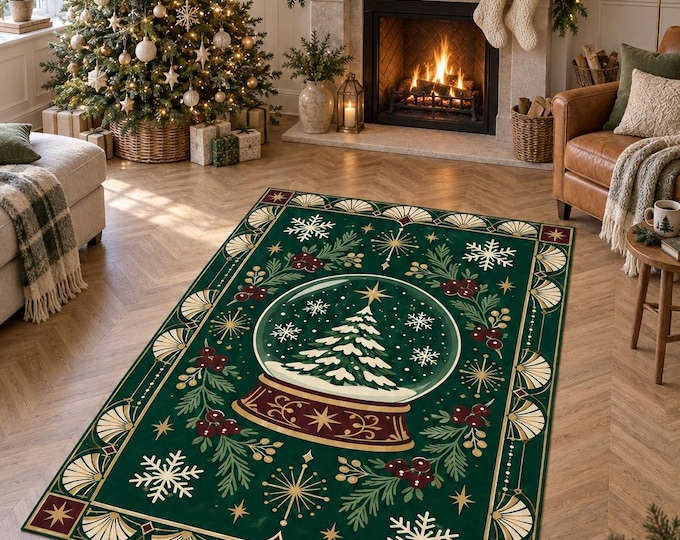 Emerald Christmas Rug, Snow Globe and Tree Pattern, Digitally Printed Festive Living Room Decor