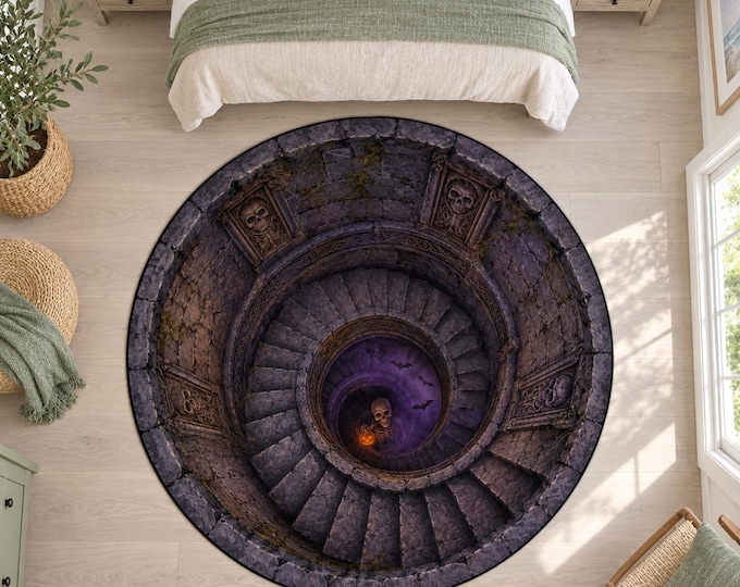 Gothic Staircase Rug, Round Digitally Printed Carpet, Stone Spiral with Skulls and Purple Mist