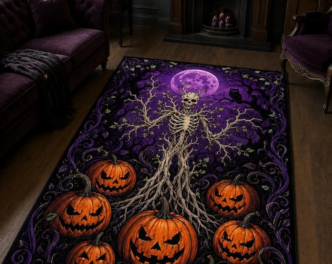 Skeleton Tree Rug, Purple Moon, Halloween Decor, Gothic Pumpkin, Dark Bedroom, Haunted Floor Art