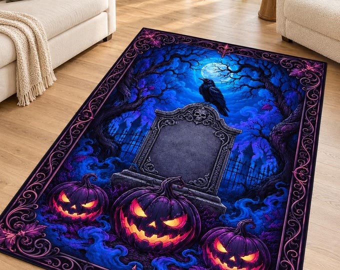 Gothic Raven Rug, Blue Cemetery Decor, Purple Pumpkin Carpet, Dark Halloween Living Room Art