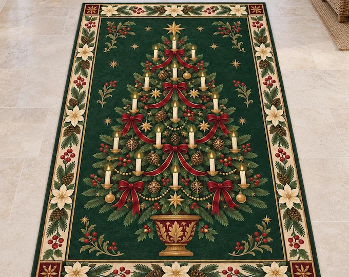 Candle Christmas Tree Rug with Forest Green Background, Digitally Printed Festive Living Room Decor