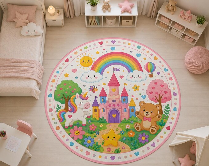 Princess Castle Rug, Round Kids Carpet, Rainbow Unicorn, Pink Nursery Decor, Colorful Digital Print