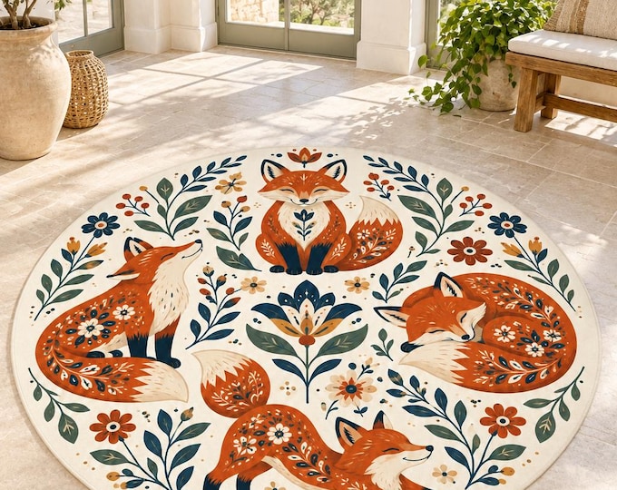 Folk Fox Rug, Washable Round Area Carpet, Colorful Printed Floor Decor for Home and Bedroom
