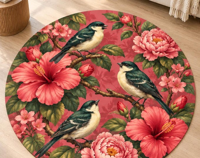 Hibiscus Bird Rug, Washable Round Area Carpet, Colorful Printed Floor Decor for Home and Bedroom