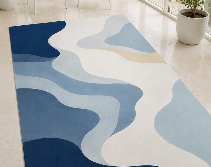 Modern Abstract Wave Area Rug, Blue Cream Coastal Carpet, Organic Living Room Floor Decor