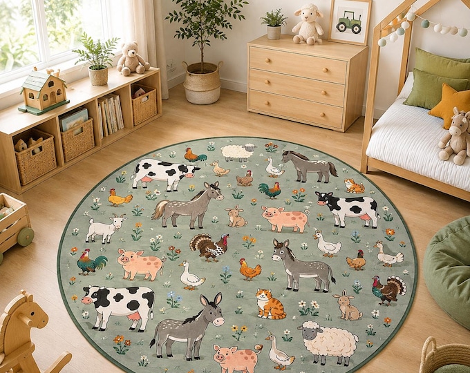 Farm Animals Playroom Rug, Barnyard Kids Carpet, Nursery Decor, Farmhouse Area Rug