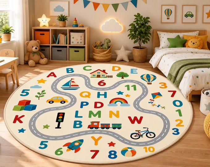 Educational ABC Rug, Washable Round Alphabet Carpet, Numbers Road Play Mat for Kids Playroom