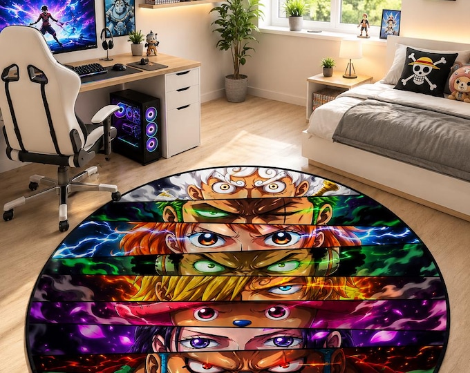 Anime Gaming Rug, Round Floor Carpet, Colorful Character, Bedroom Decor, Teen Gift, Comic Style