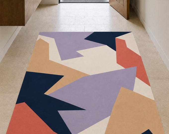 Modern Abstract Area Rug, Lavender Navy Coral Geometric Shapes, Digital Print Floor Decor