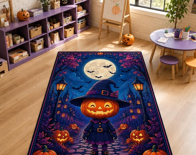 Pumpkin Witch Rug, Smiling Halloween Girl Carpet for Kids Bedroom Nursery Playroom Autumn Decor