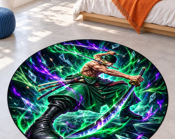Triple Blade Warrior Rug, Green Violet Gaming Room Carpet, Teen Bedroom Floor Decor