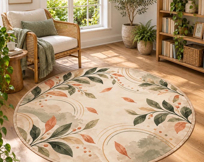 Round cream rug with sage and terracotta botanical leaves in a bright living room