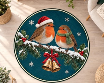 Robin Bird Rug, Round Teal Digital Print with Golden Bells for Festive Living Rooms