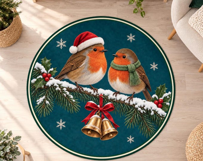 Robin Bird Rug, Round Teal Digital Print with Golden Bells for Festive Living Rooms