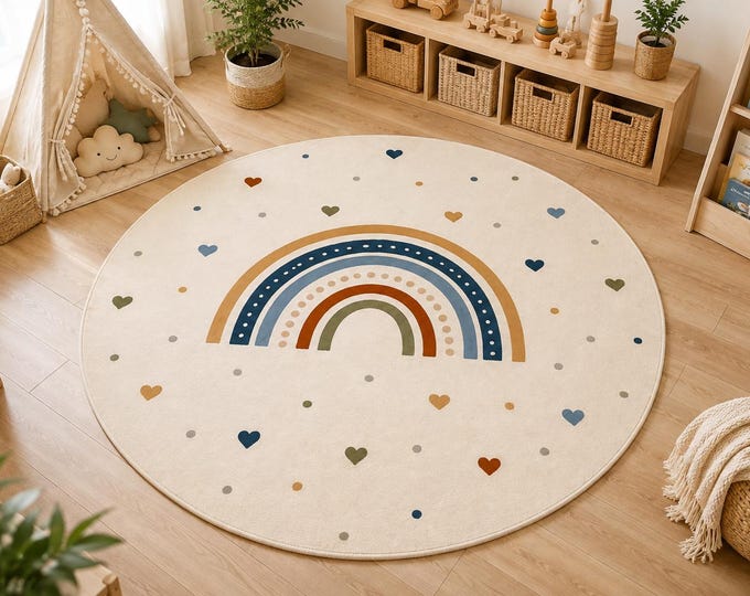 Boho Rainbow Rug, Round Nursery Carpet, Kids Room Decor, Washable Montessori Playroom Floor Mat